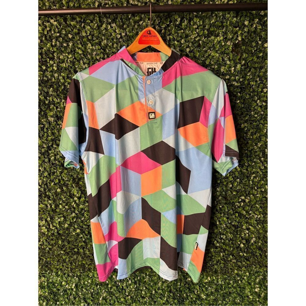 Greater Half Hexagon Collarless Colorful Shirt Sz Medium